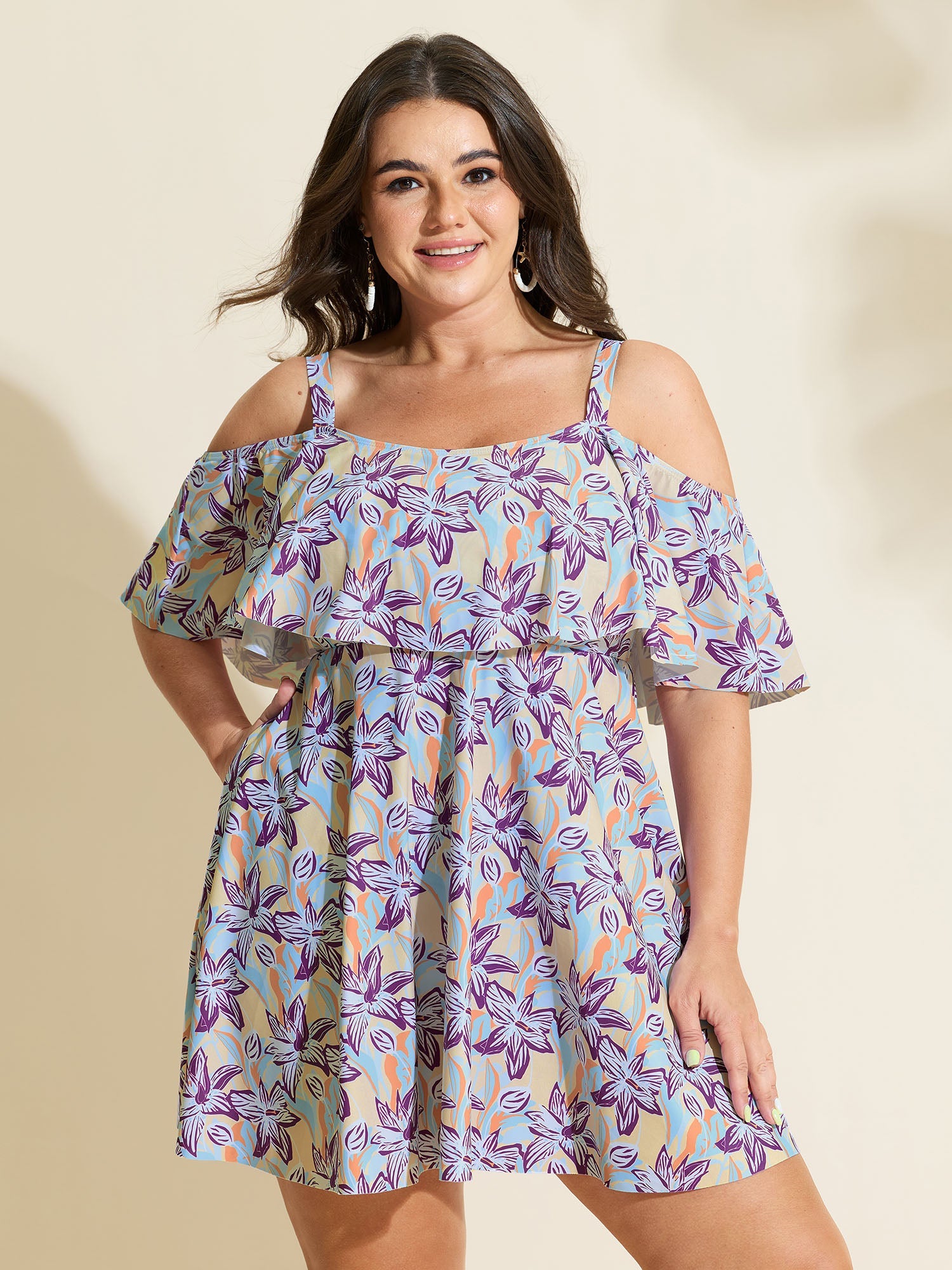 Floral Ruffle Trim Off Shoulder Pockets Swim Dress