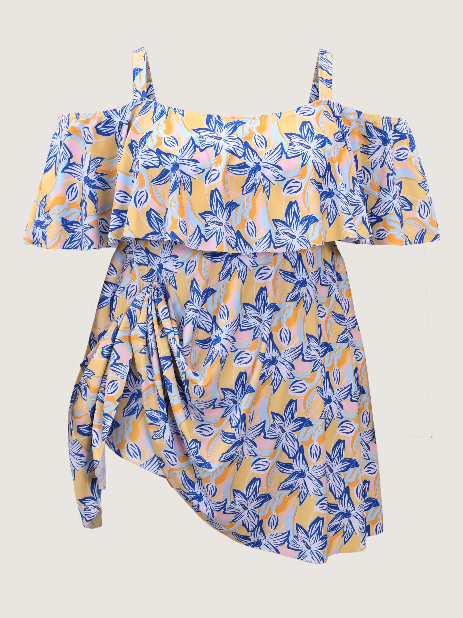 Floral Ruffle Trim Off Shoulder Pockets Swim Dress