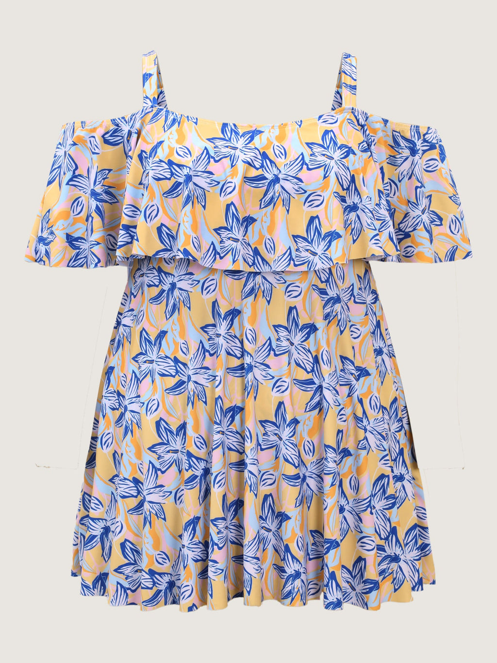 Floral Ruffle Trim Off Shoulder Pockets Swim Dress