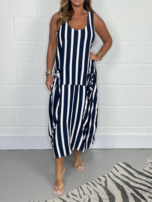 Stripe Oversize Tie Pocket Dress